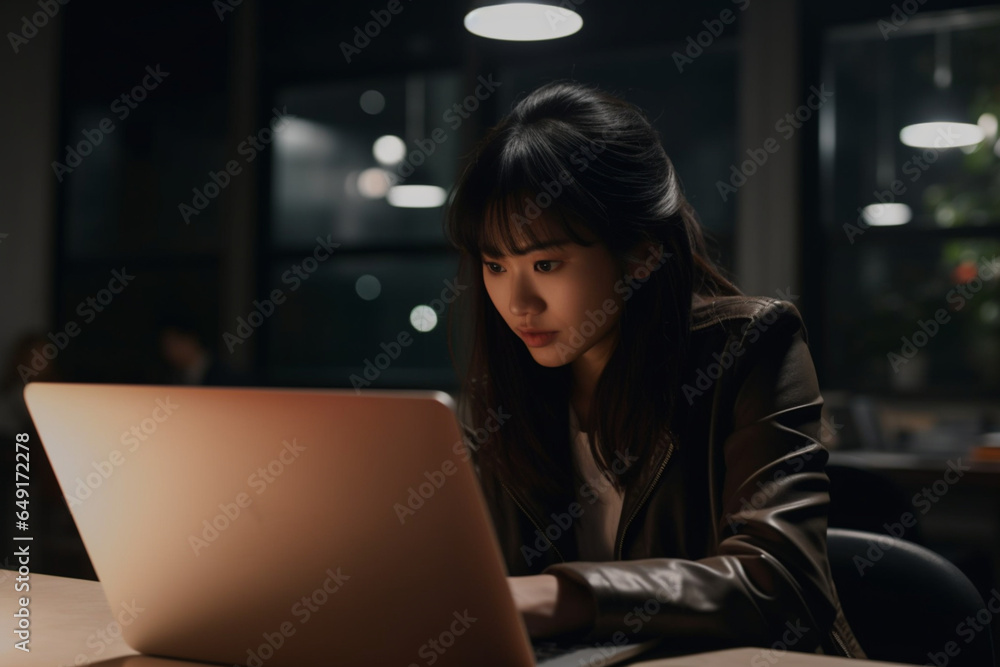 Asian woman working late, Front View Dark, Desk, Laptop, concentration, business casual, entrepreneur, marketing Asian woman working late, Front View Dark, Desk, Laptop, concentration, business casual, entrepreneur, marketing