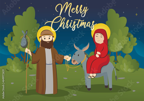 Road to Bethlehem background concept with people scene in the flat cartoon style. The path covered by the biblical character with donkeys is the main plot of the picture. Vector illustration.