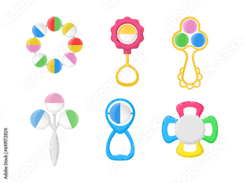 Baby rattles noisy newborn toys different shape set realistic vector illustration. Infant playthings