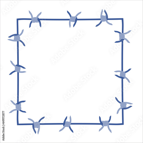 Barbed wire fence border frame illustration. Sharp thorns of barbwire barrier zone. Protection and security concept. Vector illustration.