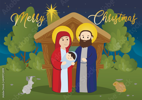 Mary, Joseph and Jesus background concept with people scene in the flat cartoon style. Happy parents rejoice at the birth of a child on the eve of Christmas Eve. Vector illustration.