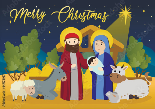 Christmas background concept with people scene in the flat cartoon style. Everyone in Bethlehem, both people and animals, celebrates the birth of Christ. Vector illustration.