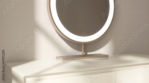 Modern, minimal cream dressing table, gold steel frame round vanity mirror with LED light in sunlight on beige wallpaper wall bedroom for luxury beauty, cosmetic, skincare product background 3D