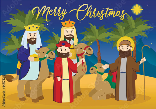 Joseph meets the kings background concept with people scene in the flat cartoon style. Joseph meets the kings who have come from afar to welcome the newborn Jesus. Vector illustration.