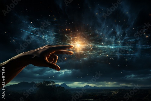 A surreal composition featuring a human hand reaching out to touch a distant star, representing the yearning for connection with the cosmos.