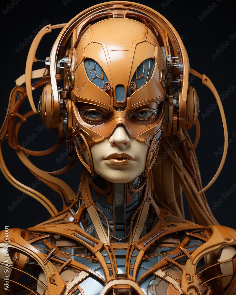 Generative ai illustration of female cyborg in marquetry style