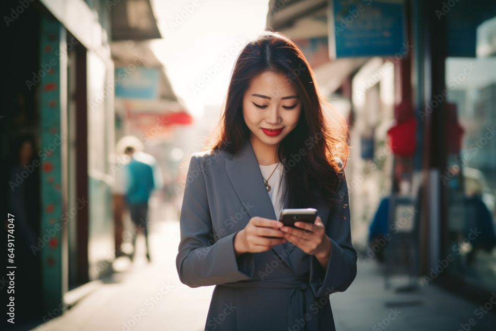 An asian chinese business woman text messaging on the street An asian chinese business woman text messaging on the street
