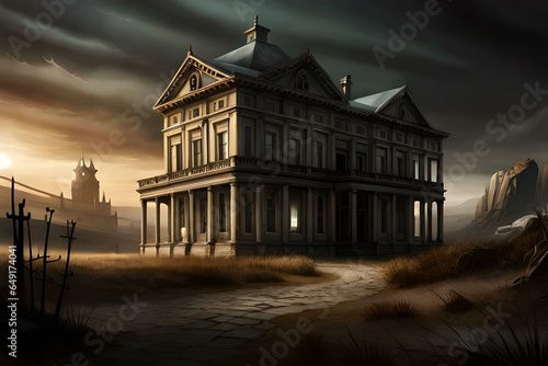A haunted Halloween mansion standing in eerie solitude amidst a barren landscape  with crumbling walls  broken windows