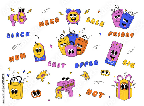 Set of cool trendy groovy sale promo characters of bullhorn, coupon gun, voucher, sale label, alarm clock, gift box, shop bags and bubble lettering Mega Sale, Black Friday, Big, Wow. Isolated vector.