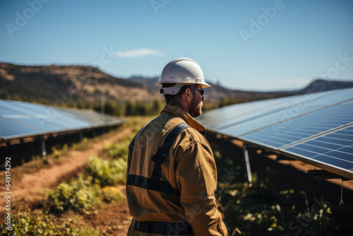 Back view of Caucasian engineer in hard hat inspecting solar power plant © sofiko14