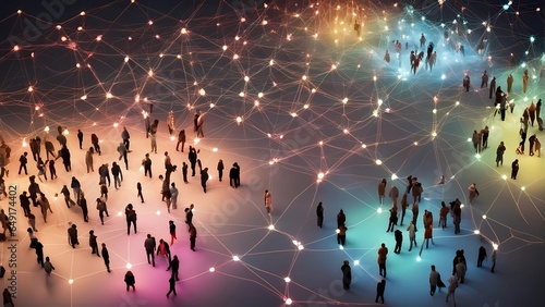Aerial view of a colorful crowd with a network of glow connections photo
