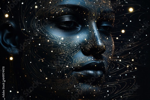 An abstract, dreamlike portrayal of a skin's surface, with pores morphing into twinkling stars, symbolizing the connection between the body and the cosmos.