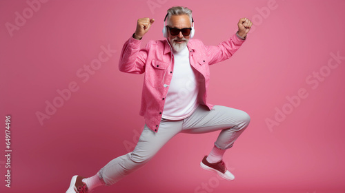 Old man wearing pink suit, sneakers and sunglass, dancing in pink background
