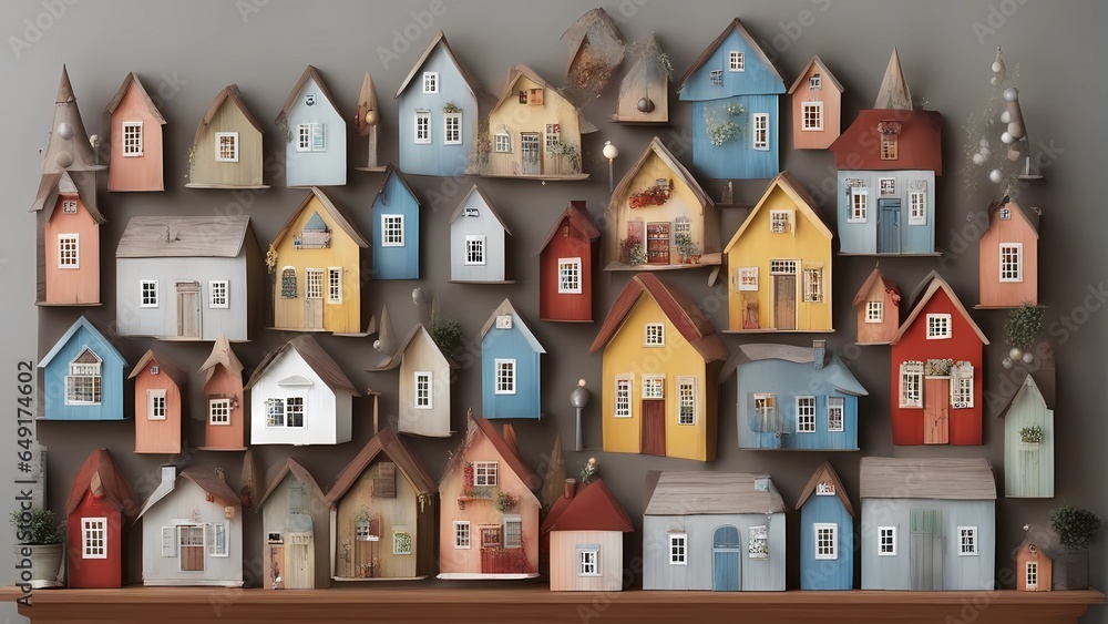 wall decorated with multiple little houses - obrazy, fototapety, plakaty 