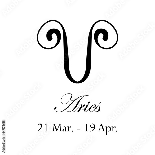 Aries with name and dates. Horoscope with 12 zodiac signs. From March 21 to April 19. Astrology, fortune telling, constellation, stars, ascendant, pseudoscience, natal chart. Italic style