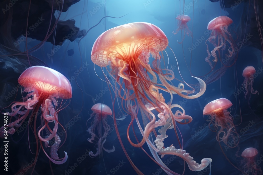 A surrealistic composition featuring a jellyfish with tentacles that transform into delicate, floating ribbons, creating a sense of grace and tranquility.