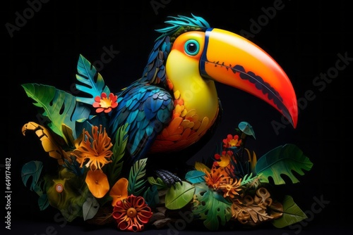 A surreal portrayal of a toucan with its vibrant beak transforming into a vibrant, tropical rainforest, emphasizing biodiversity and vitality.