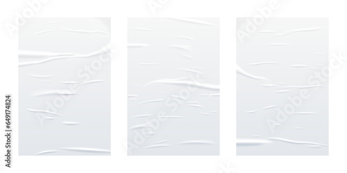 Glued white vertical rectangle paper sheets set. Vector isolated realistic crumpled posters bundle. Wet greased wrinkles blank template texture. Empty advertising column mockup for creative design