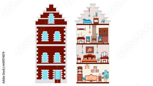 Vintage antique dollhouse inside and out, the facade of an old house, bedroom, living room, study and attic with retro furniture, Illustration in a flat cartoon style.