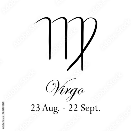 Virgo with name and dates. Horoscope with 12 zodiac signs. From August 23 to September 22. Astrology, fortune telling, constellation, stars, ascendant, pseudoscience, natal chart. Italic style