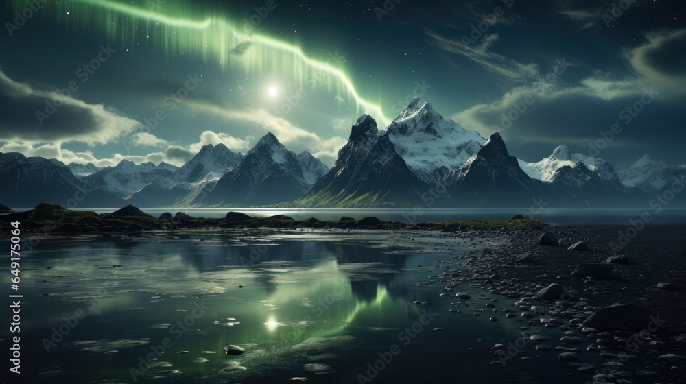 Amazing view of green aurora shining in the night sky over a snowy mountain with a black sand beach With a bright moon and few clouds