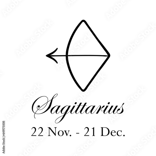 Sagittarius with name and dates. Horoscope with 12 zodiac signs. From November 22 to December 21. Astrology, fortune telling, constellation, stars, ascendant, pseudoscience, natal chart. Italic style