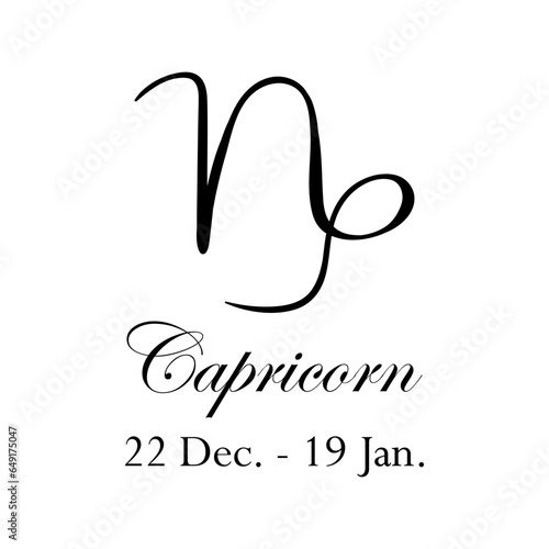Capricorn with name and dates. Horoscope with 12 zodiac signs. From December 22 to January 19. Astrology, fortune telling, constellation, stars, ascendant, pseudoscience, natal chart. Italic style