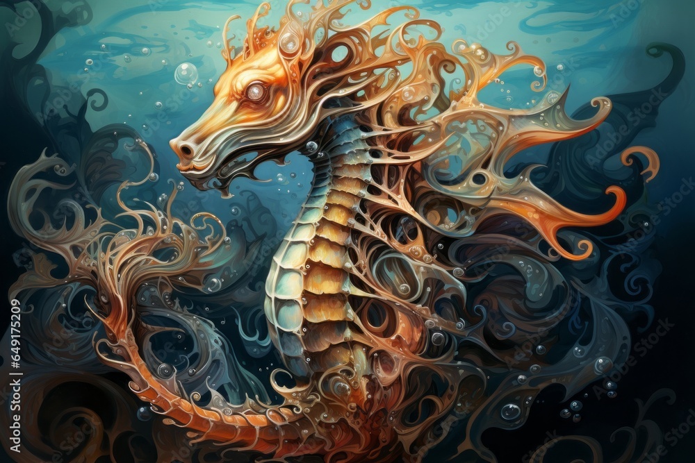 A surrealistic portrayal of a seahorse with a body that dissolves into swirling ocean currents, emphasizing its connection to the sea.