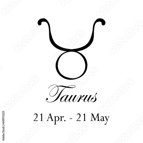 Taurus with name and dates. Horoscope with 12 zodiac signs. From to April 21 to May 21. Astrology, fortune telling, constellation, stars, ascendant, pseudoscience, natal chart. Italic style