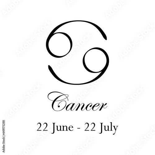 Cancer with name and dates. Horoscope with 12 zodiac signs. From June 22 to July 22. Astrology, fortune telling, constellation, stars, ascendant, pseudoscience, natal chart. Italic style