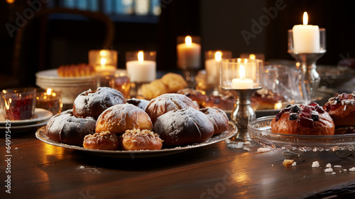 A festive Hanukkah table adorned with silver menorahs, glistening dreidels, and a spread of delicious sufganiyot (jelly-filled donuts)