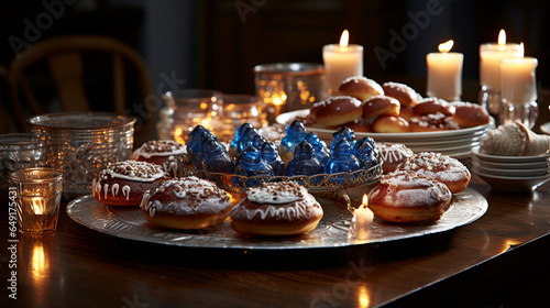 A festive Hanukkah table adorned with silver menorahs  glistening dreidels  and a spread of delicious sufganiyot  jelly-filled donuts 