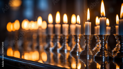 Fotografiet The mesmerizing glow of Hanukkah candles reflected in a pair of polished silver