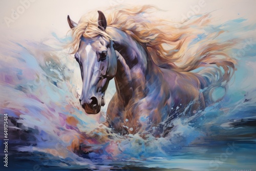 A dreamlike portrayal of a horse with a mane that transforms into a flowing river  creating a sense of movement and fluidity.