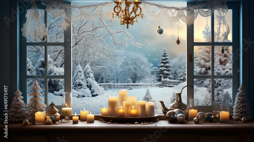 A picturesque Hanukkah scene featuring a snowy landscape with a brightly lit menorah in a window photo
