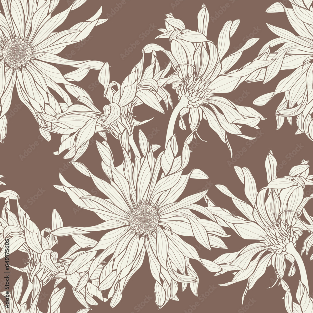 Seamless pattern with hand drawn gerbera flowers in sketch style. Beige, brown nature background. Chamomile, chrysanthemum, gerbera.