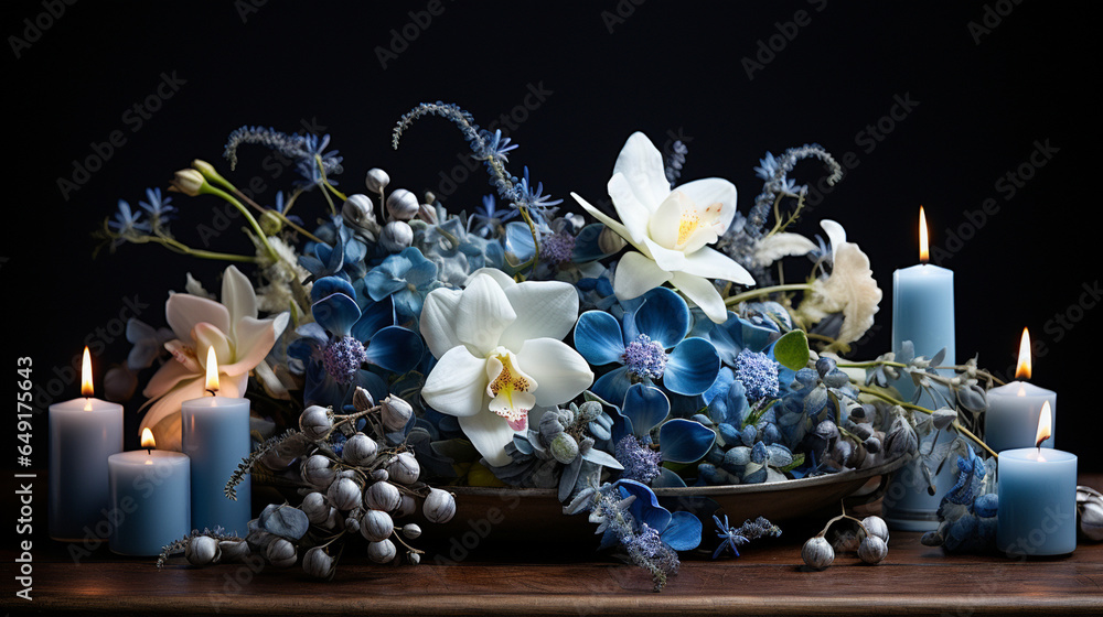 Obraz premium A stunning Hanukkah centerpiece featuring an arrangement of fresh flowers and lit candles