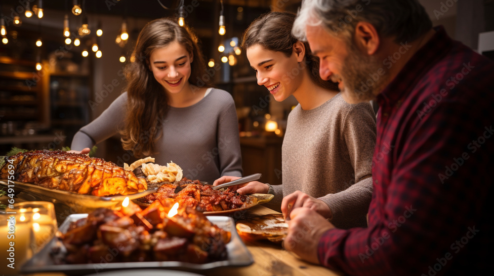 A family preparing a grand Hanukkah feast, with latkes, brisket, and a variety of delectable dishes A family preparing a grand Hanukkah feast, with latkes, brisket, and a variety of delectable dishes