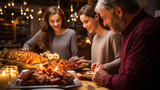 A family preparing a grand Hanukkah feast, with latkes, brisket, and a variety of delectable dishes