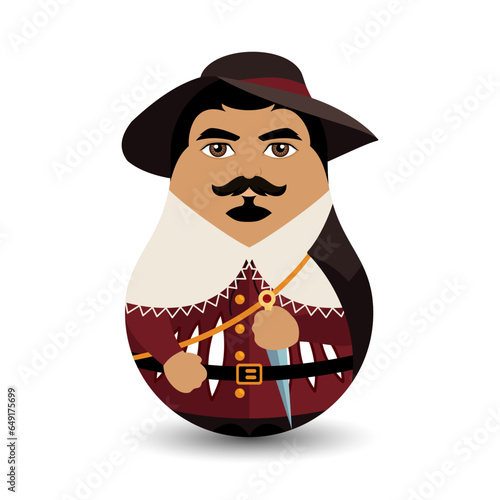 A court attendant. A man in a wide-brimmed hat and a raincoat with a dagger in his belt. Design tilting toy. Modern kawaii dolls for your business project. Flat vector.