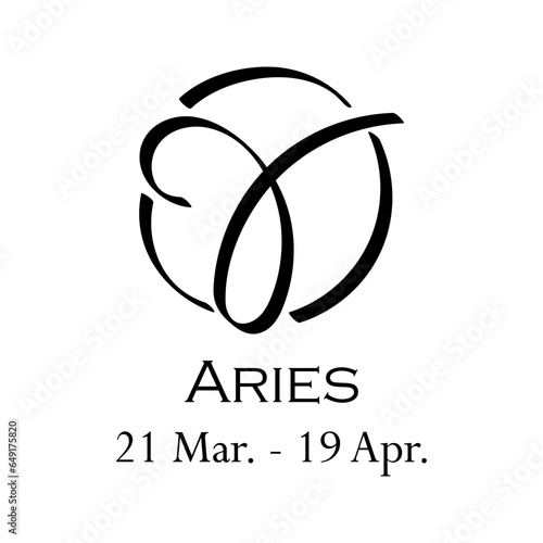 Aries with name and dates. Horoscope with 12 zodiac signs. From March 21 to April 19. Astrology, fortune telling, constellation, stars, ascendant, pseudoscience, natal chart. Casual style of strokes