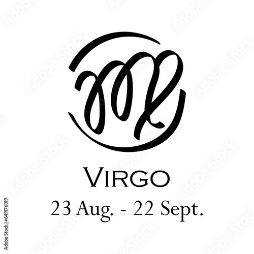 Virgo with name and dates. Horoscope with 12 zodiac signs. From August 23 to September 22. Astrology, fortune telling, constellation, stars, ascendant, pseudoscience, natal chart. Casual style