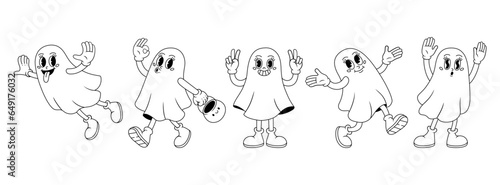 Funny ghosts in different poses. Groovy funky vector illustration in retro style.