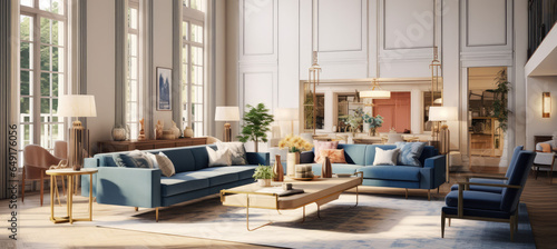 a modern living room with white furniture and blue and grey accents