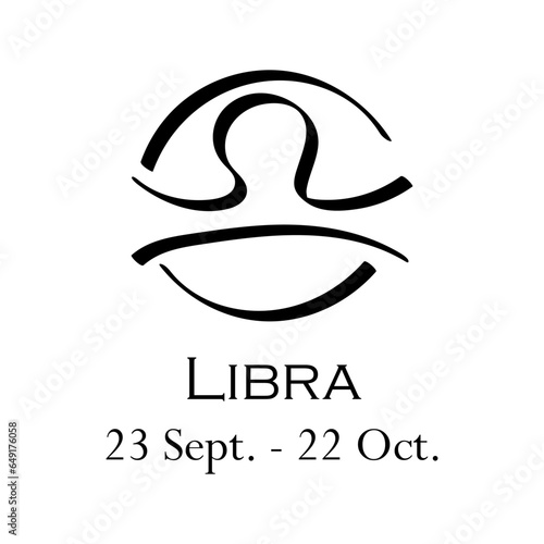 Libra with name and dates. Horoscope with 12 zodiac signs. From September 24 to October 22. Astrology, fortune telling, constellation, stars, ascendant, pseudoscience, natal chart. Casual style