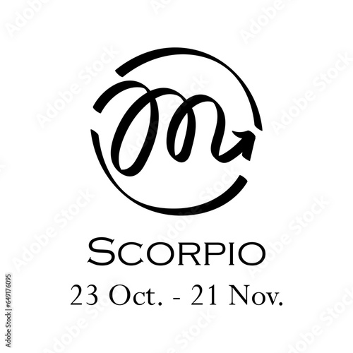 Scorpio with name and dates. Horoscope with 12 zodiac signs. From October 23 to November 21. Astrology, fortune telling, constellation, stars, ascendant, pseudoscience, natal chart. Casual style