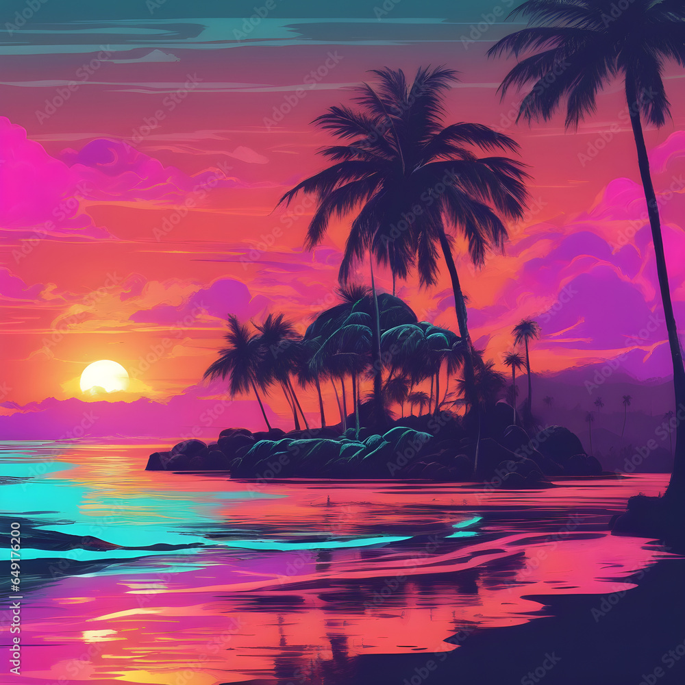 Bright neon landscape with sea and palm trees, beautiful sunset