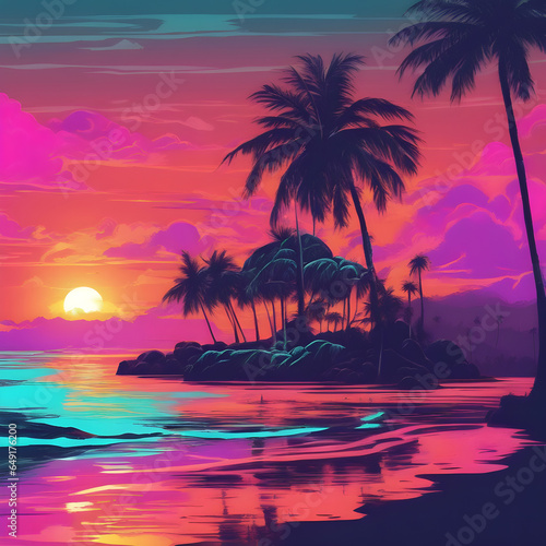 Bright neon landscape with sea and palm trees, beautiful sunset