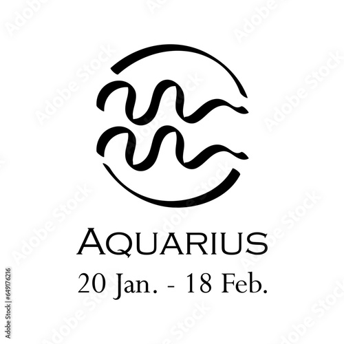 Aquarius with name and dates. Horoscope with 12 zodiac signs. From January 20 to February 18. Astrology, fortune telling, constellation, stars, ascendant, pseudoscience, natal chart. Casual style