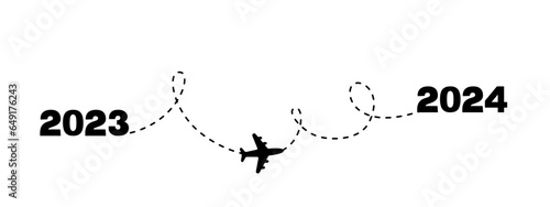 Plane with dashed line from 2023 to 2024 new year